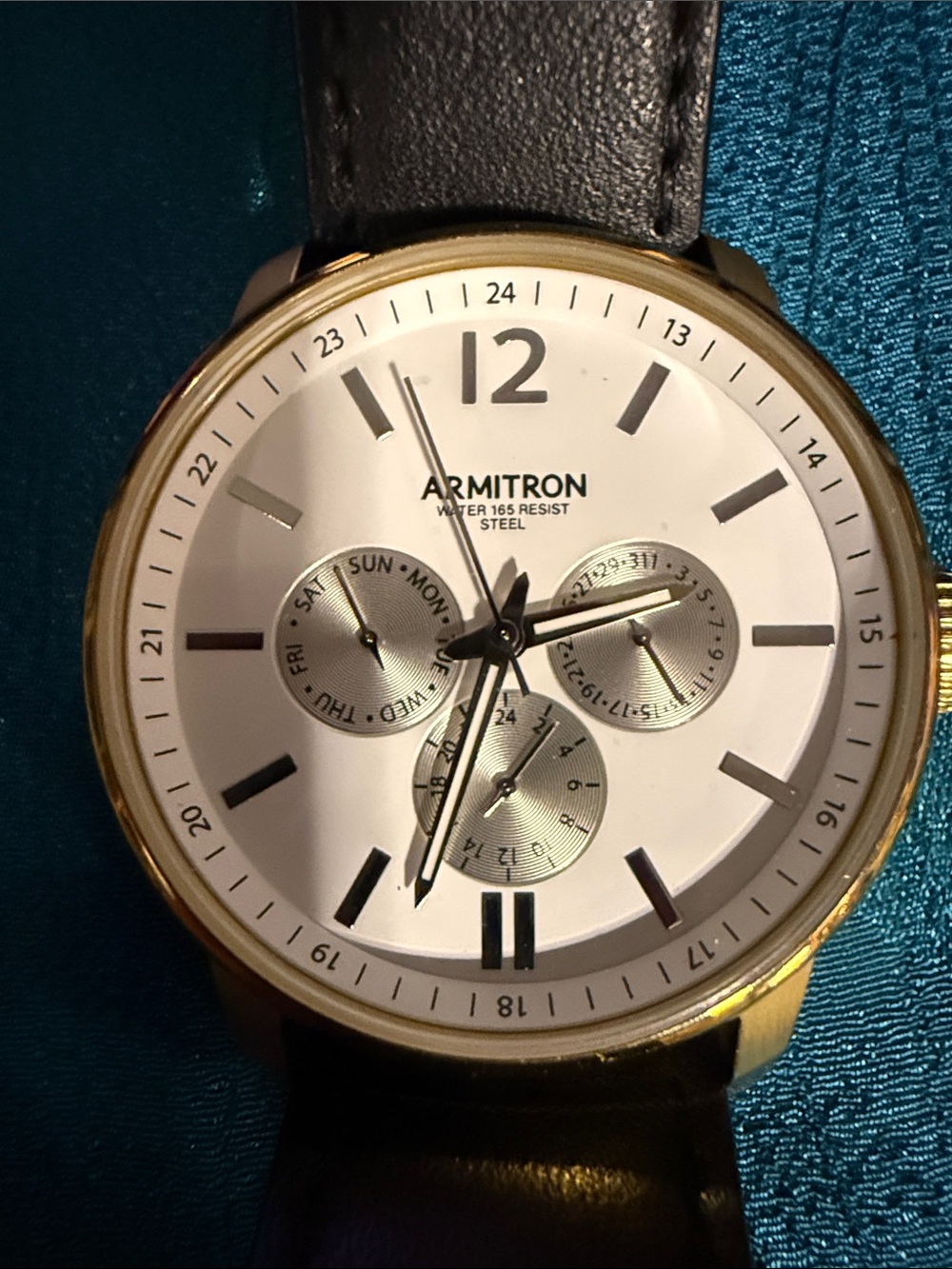 Armitron Gold-Tone Case White Dial Watch with Black Leather Strap